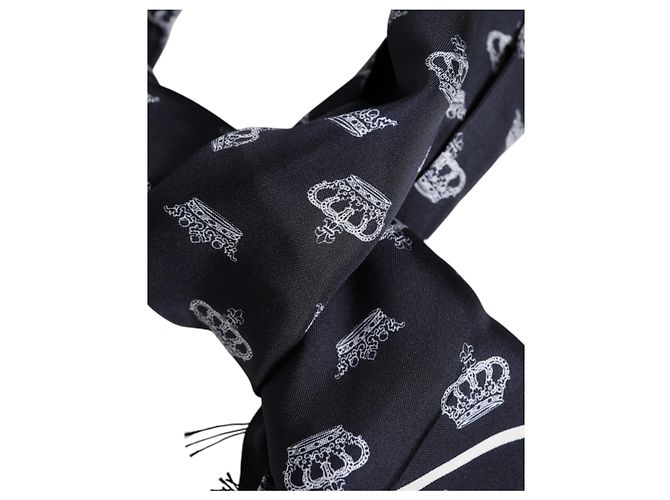 Dolce & Gabbana Foulard sciarpa da uomo in seta nera con frange Crown - vista 4