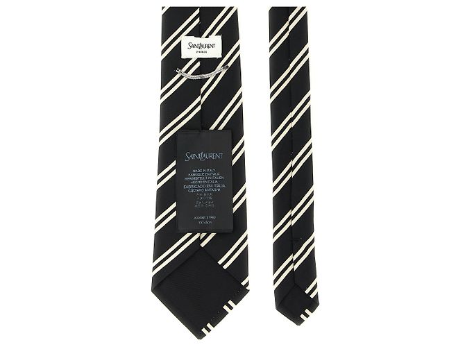 Autre Marque Cravatta Saint Laurent in seta e cotone a righe Nero Avorio - vista 2