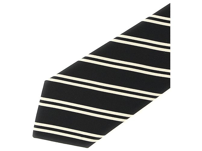 Autre Marque Cravatta Saint Laurent in seta e cotone a righe Nero Avorio - vista 3