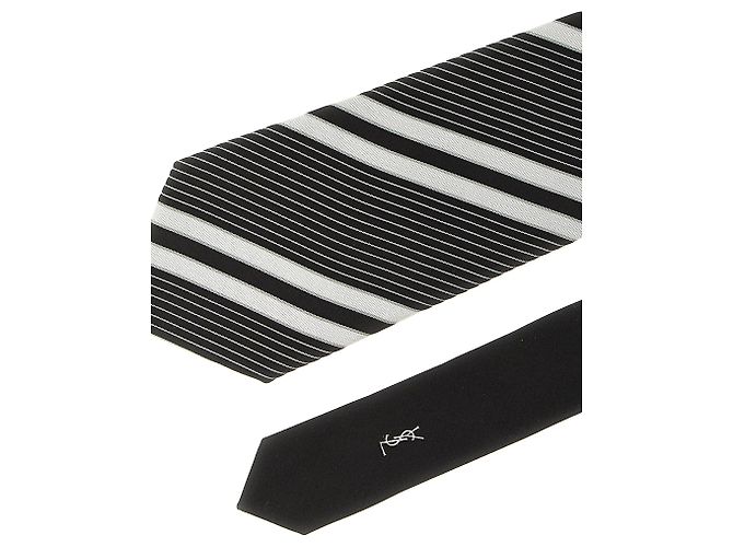 Autre Marque Cravatta SAINT LAURENT in seta jacquard a righe bianco e nero - vista 3