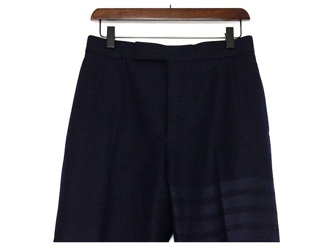 Thom Browne Navy Diagonal Plain Weaving Wool Slacks with Gold Button Men's Pants - view 2