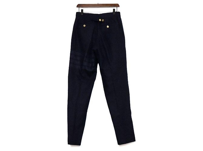 Thom Browne Navy Diagonal Plain Weaving Wool Slacks with Gold Button Men's Pants - view 4