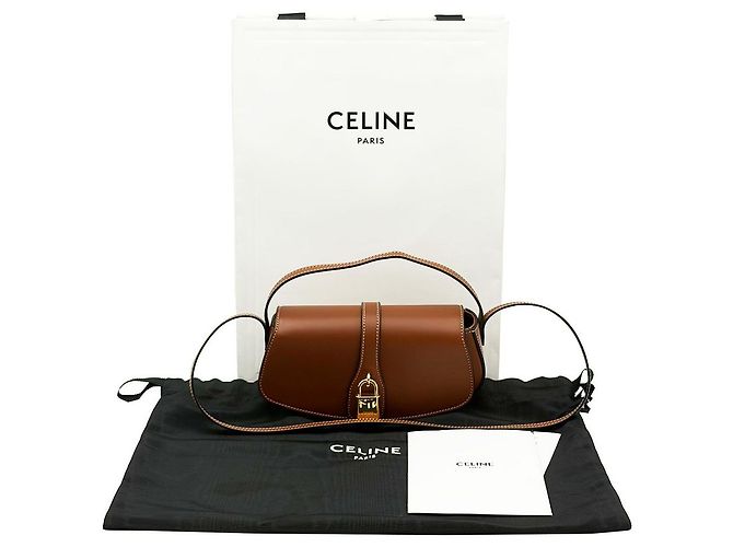 Céline Borsa a pochette e a tracolla in vitello marrone con tracolla tan - vista 3
