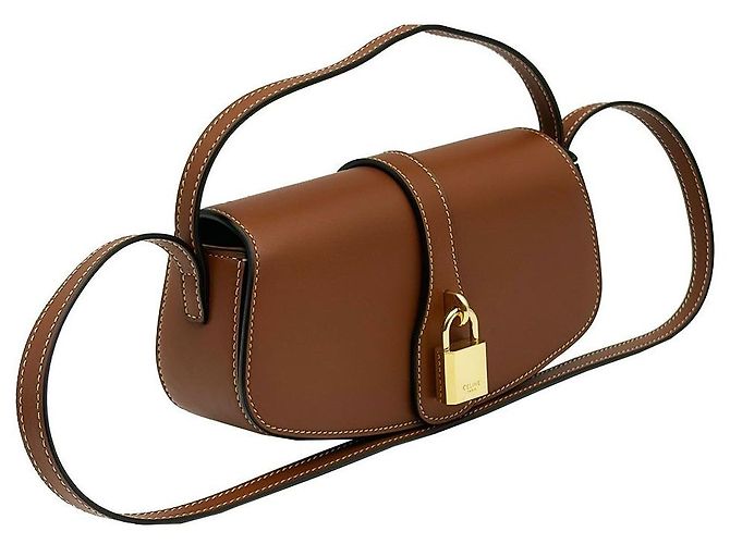 Céline Borsa a pochette e a tracolla in vitello marrone con tracolla tan - vista 4