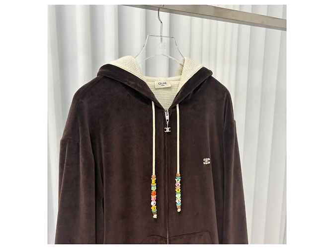 Céline Felpa con cappuccio e zip in velluto marrone - vista 2