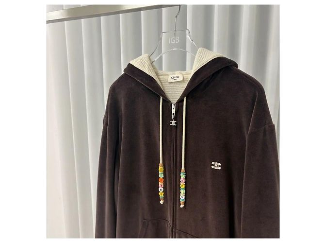Céline Felpa con cappuccio e zip in velluto marrone - vista 3