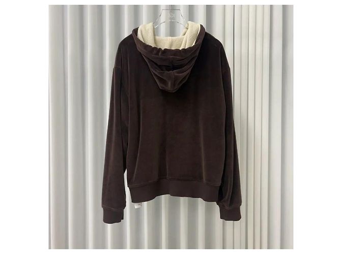 Céline Felpa con cappuccio e zip in velluto marrone - vista 4