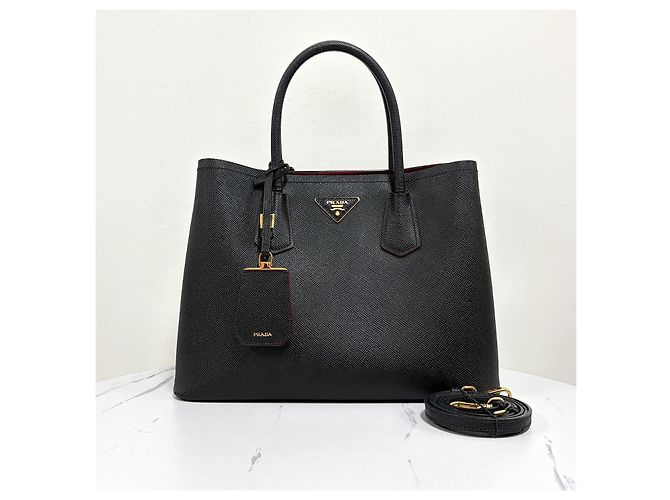 Prada Saffiano Double Tote Bag Schultertasche Medium Schwarz - Ansicht 8