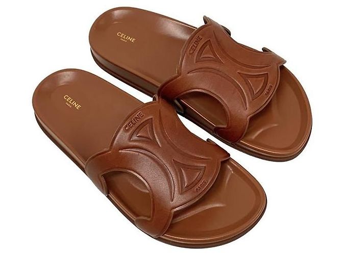 Céline Sandali slide in vitello beige con logo - vista 2