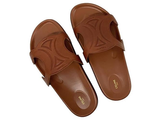 Céline Sandali slide in vitello beige con logo - vista 7
