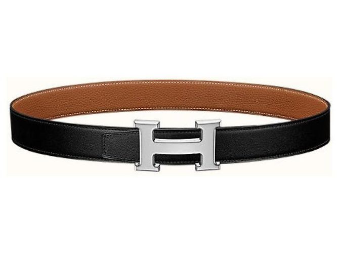 Hermès Classic Shiny Silver Buckle Black Gold Outstitch Wendelgürtel - Ansicht 2
