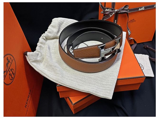 Hermès Classic Shiny Silver Buckle Black Gold Outstitch Wendelgürtel - Ansicht 6