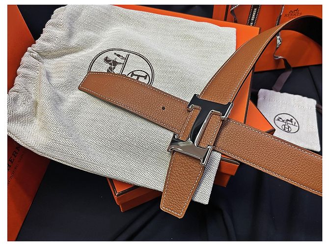 Hermès Classic Shiny Silver Buckle Black Gold Outstitch Wendelgürtel - Ansicht 7