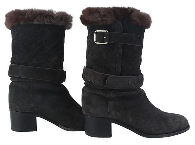 Chanel Quilted Suede Shearling Ankle Boots Size - view 6