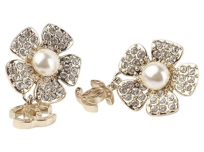 Chanel Pendientes de flor con perlas y strass Gold CC - vista 2