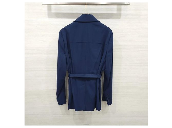 Dior Veste ceinturée avec boucle CD en mélange de laine Navy - vue 2