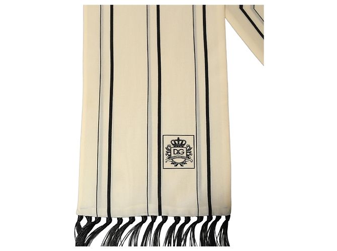 Dolce & Gabbana Sciarpa stola in seta beige a righe con collo a frange - vista 3