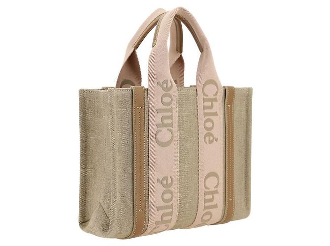 Borsa Chloé Woody in lino beige e pelle - vista 3
