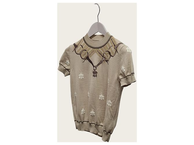 Hermès Beige Candy Ribless Jacquard-Strickpullover mit kurzen Ärmeln - Ansicht 2