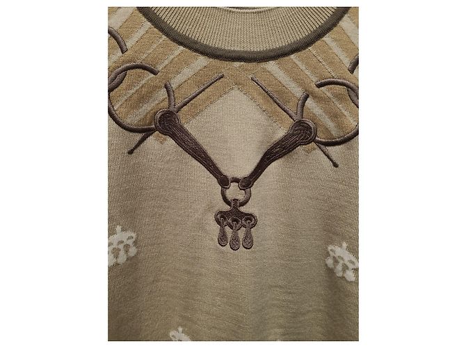 Hermès Beige Candy Ribless Jacquard-Strickpullover mit kurzen Ärmeln - Ansicht 3