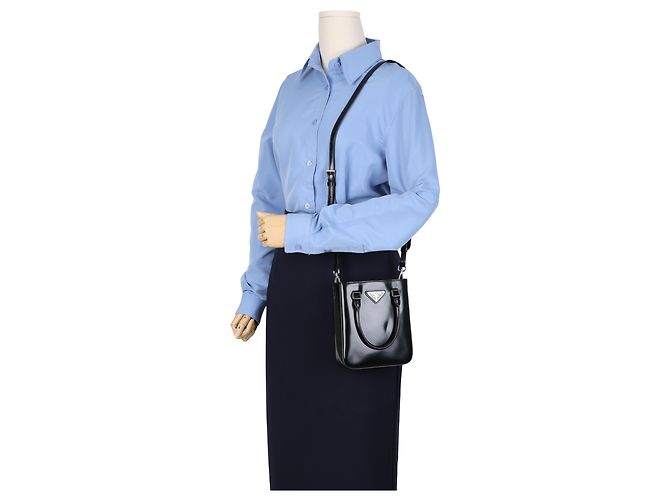 Prada Bolso Tote Pequeño de Piel Cepillada con Logotipo Triangle Negro - vista 14