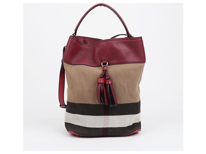 Burberry Borsa a secchiello a tracolla in tela House Check Medium Burgundy - vista 2