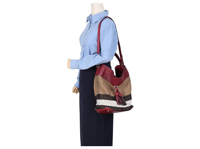 Burberry Borsa a secchiello a tracolla in tela House Check Medium Burgundy - vista 22