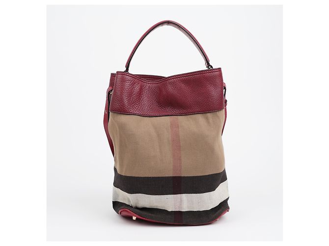 Burberry Borsa a secchiello a tracolla in tela House Check Medium Burgundy - vista 4