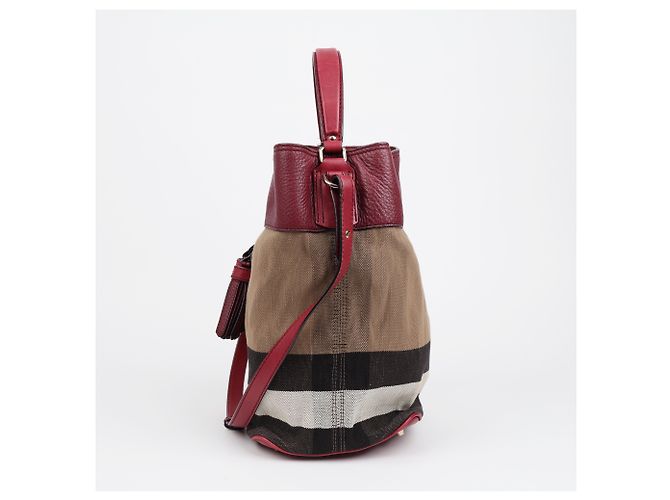 Burberry Borsa a secchiello a tracolla in tela House Check Medium Burgundy - vista 5