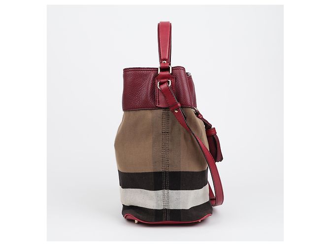 Burberry Borsa a secchiello a tracolla in tela House Check Medium Burgundy - vista 6