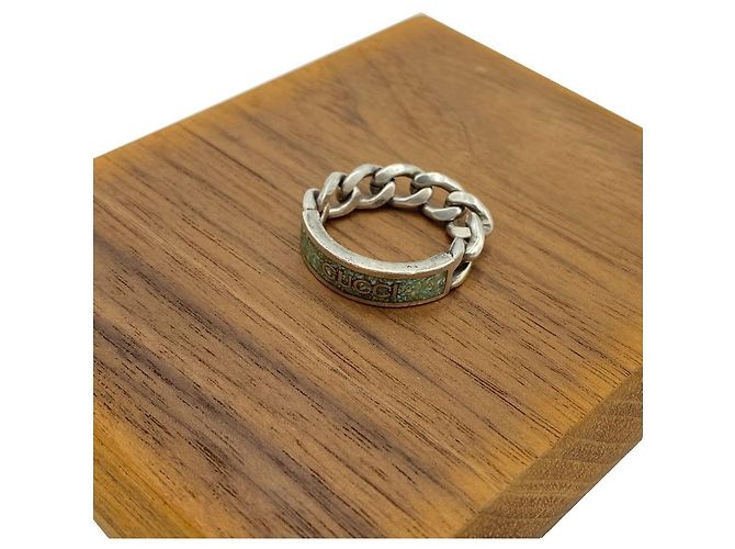 Gucci Enamel Logo Chain Ring Silver Green - view 2