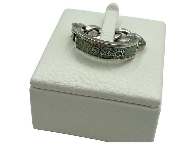 Gucci Enamel Logo Chain Ring Silver Green - view 6