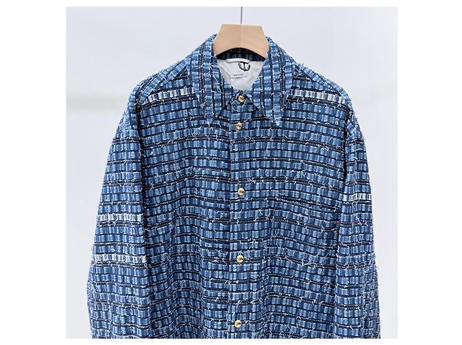 Thom Browne Giacca camicia in tweed denim blu - vista 2