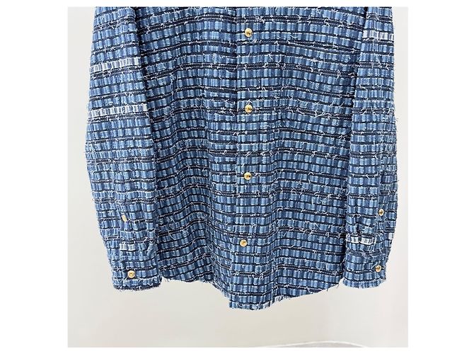 Thom Browne Giacca camicia in tweed denim blu - vista 3