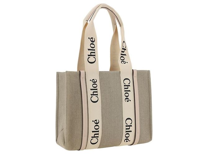 Borsa a tracolla Chloé Woody in tela beige - vista 3