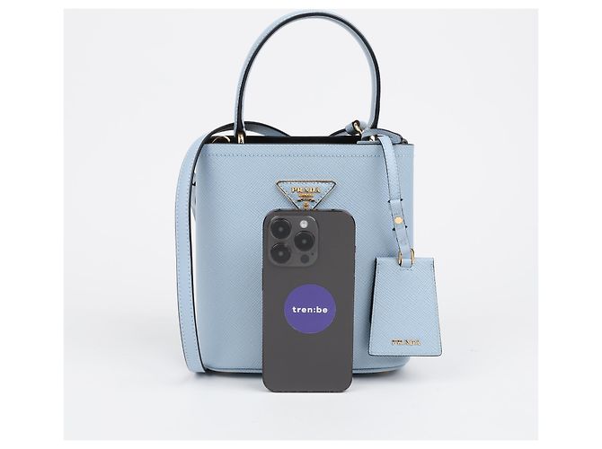 Prada Borsa Tote e a Tracolla in Pelle Saffiano Astral Blue - vista 13
