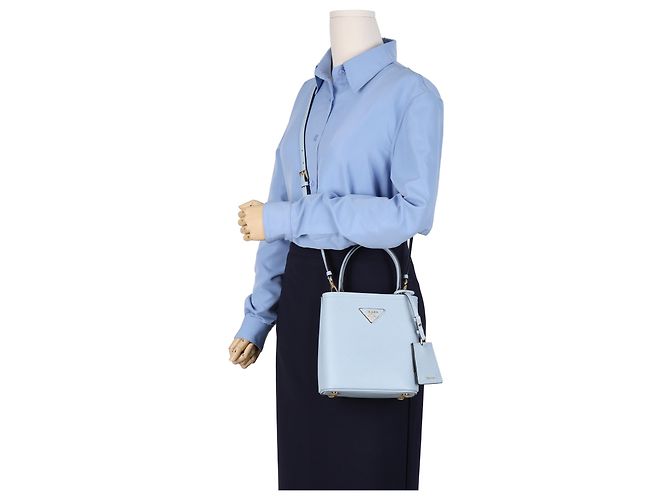 Prada Borsa Tote e a Tracolla in Pelle Saffiano Astral Blue - vista 14