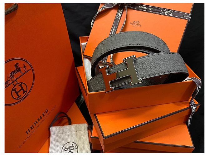 Hermès Cintura reversibile classica da uomo, Argento, Nero, Grigio - vista 2