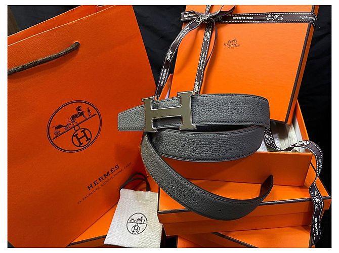 Hermès Cintura reversibile classica da uomo, Argento, Nero, Grigio - vista 3