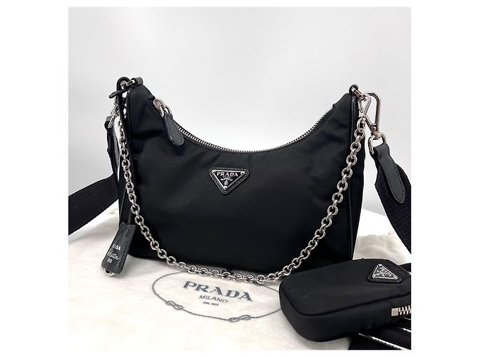 Prada Borsa Hobo Crossbody in Nylon Multi Tessuto con Catena Nero - vista 2