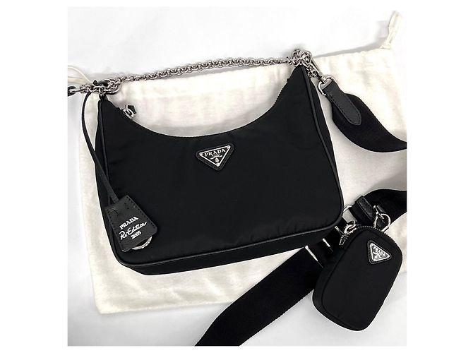 Prada Borsa Hobo Crossbody in Nylon Multi Tessuto con Catena Nero - vista 4
