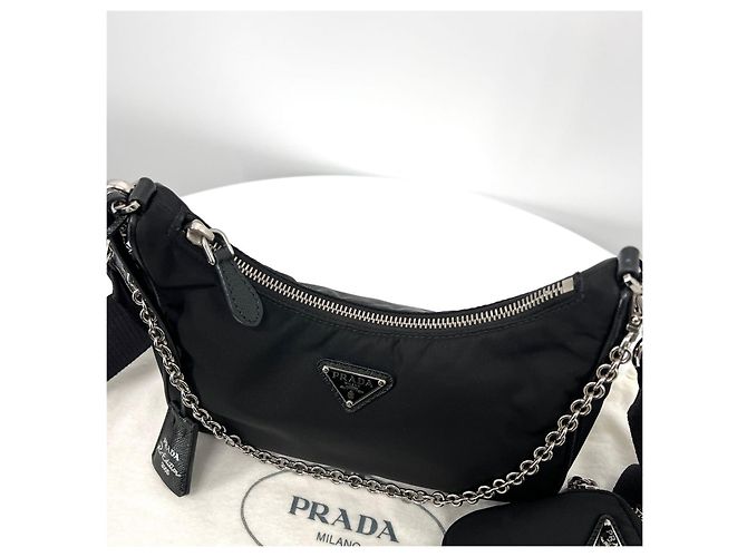 Prada Borsa Hobo Crossbody in Nylon Multi Tessuto con Catena Nero - vista 6