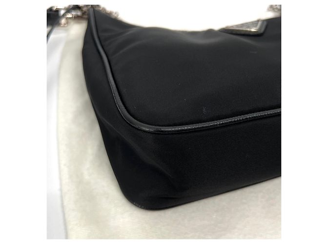 Prada Borsa Hobo Crossbody in Nylon Multi Tessuto con Catena Nero - vista 8
