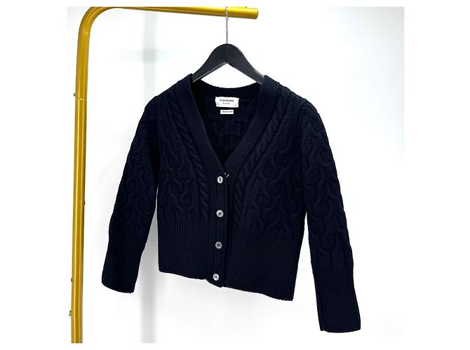 Thom Browne Cardigã de lã com decote em V e tranças para mulher Navy - vista 14