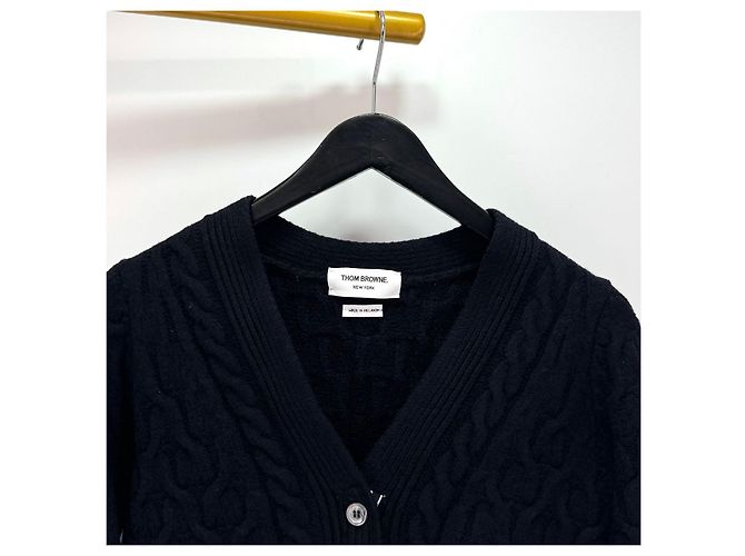 Thom Browne Cardigã de lã com decote em V e tranças para mulher Navy - vista 18