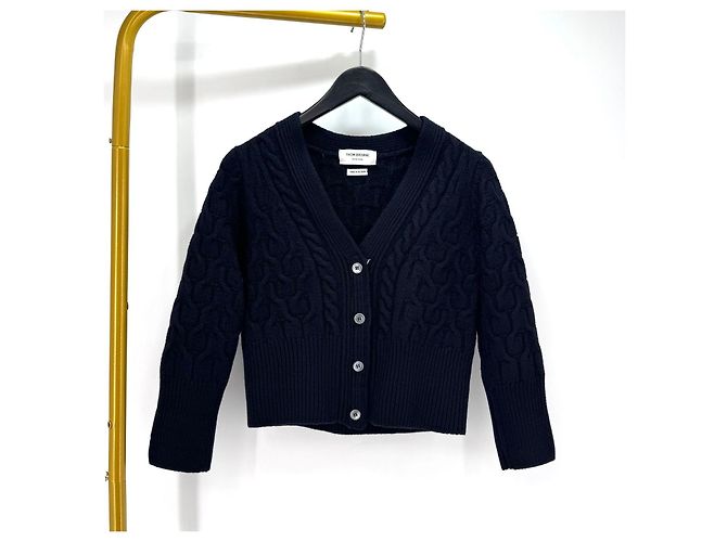 Thom Browne Cardigã de lã com decote em V e tranças para mulher Navy - vista 3