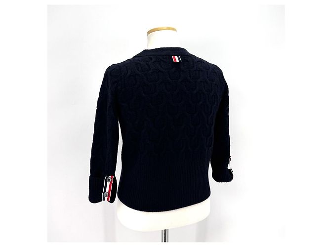 Thom Browne Cardigã de lã com decote em V e tranças para mulher Navy - vista 7