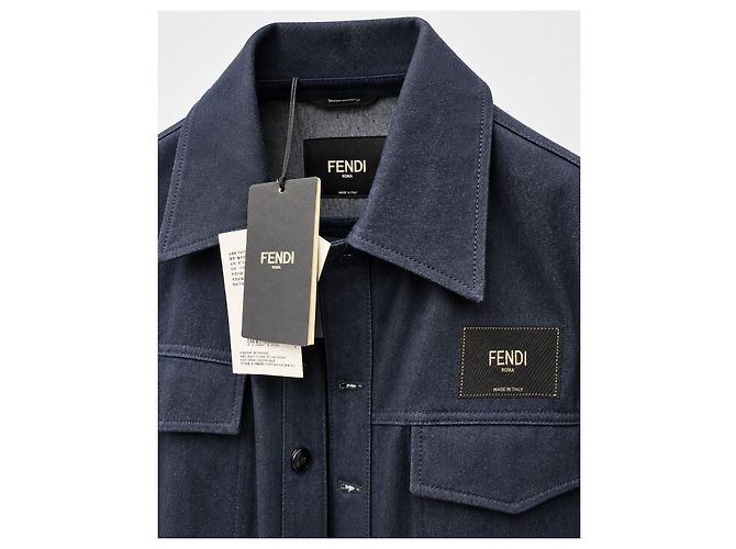 Fendi Giacca camicia in denim navy con patch logo - vista 3