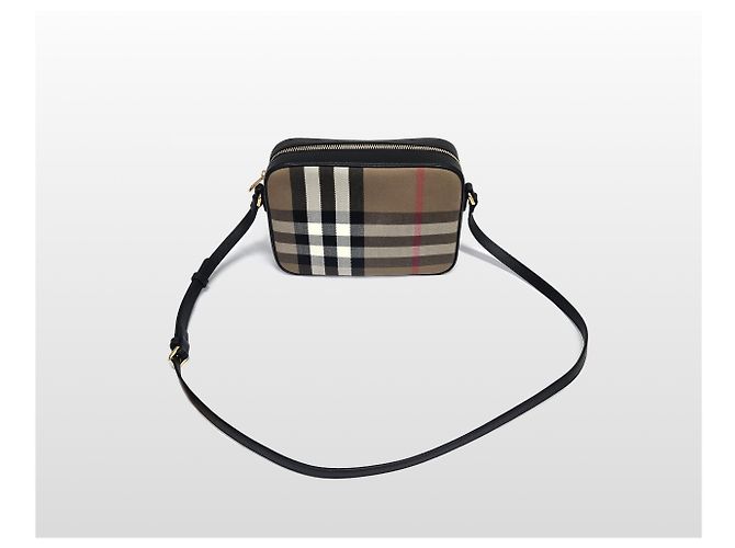 Burberry Borsa a tracolla piccola camera in pelle e tela Check Canvas Beige - vista 2