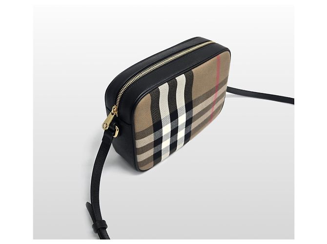 Burberry Borsa a tracolla piccola camera in pelle e tela Check Canvas Beige - vista 3